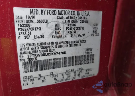 2002 Ford F-150 Lariat/Xlt from USA, damaged, VIN 1FTRW08L02KA74708